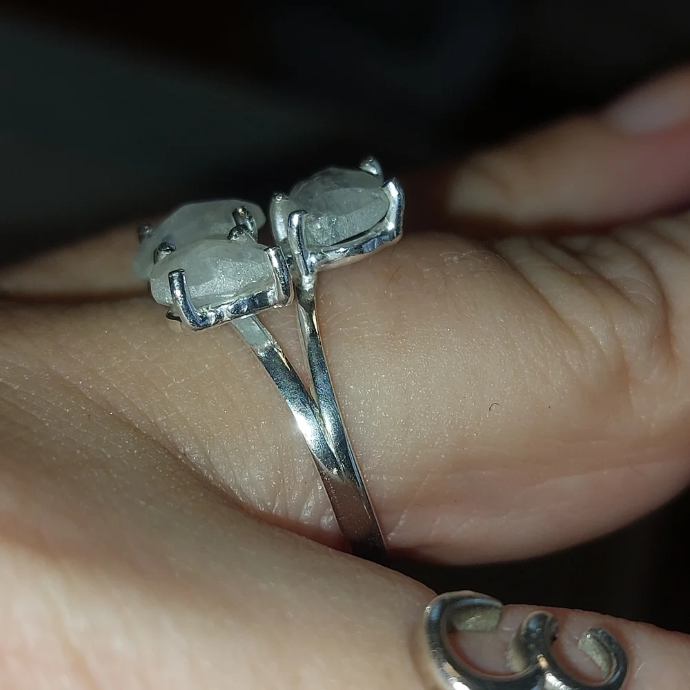Raw Faceted Moonstone 3 Stone Ring Sterling Silver
